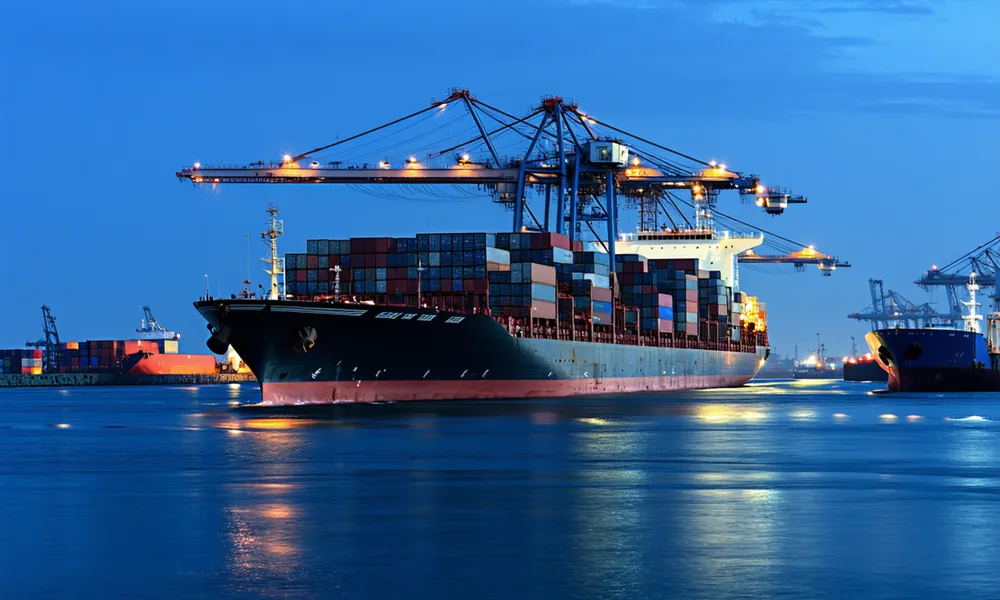 Cargo port at dusk showing container ships and freight logistics