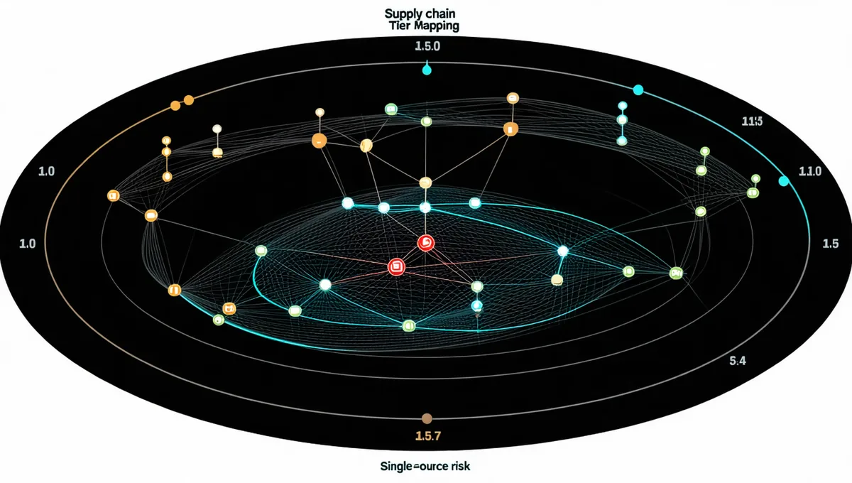 Traceability graph showing tier-1 through tier-3 supplier relationships with node connections and risk overlays
